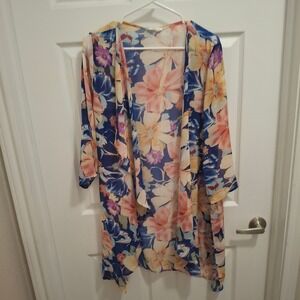 Hummingbird Womens Floral Kimono‎ Cardigan Blue Peach Chiffon Open Front Large
